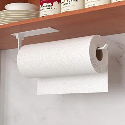 Afbeelding van Witte keukenrolhouder zonder boren, keukenrolhouder, zelfklevend, praktische Zewa rolhouder onder de kast voor het bewaren en organiseren van aan muur