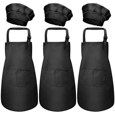 Afbeelding van 3 set kinderschort en kokshoed, verstelbaar, bamboe, keukenschorten met zakken voor meisjes jongens, chef koksschort de tuin, om te koken, schilderen, handwerk (M 6 jaar), Blauw