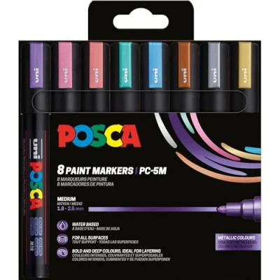 Afbeelding van Uni POSCA paintmarker PC 5M, 1,8 2,5 mm, etui van 8 stuks in metallic kleuren