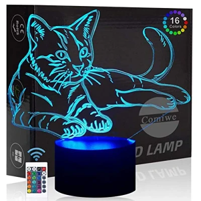 Afbeelding van Comiwe Kat 3D illusie, nachtlampje, speelgoed, woondecoratie, led, bedlampje, tafel, touchscreen en afstandsbediening, 16 kleuren, verjaardagscadeau voor meisjes, jongens, kinderen, vrienden