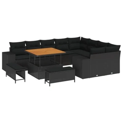 Afbeelding van vidaXL 12 delige Tuin Sofa Set met Kussens Zwart Poly Rattan Acacia, 3 Eet Acacia