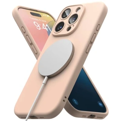 Afbeelding van Ringke magnetische siliconen compatibel met iPhone 16 Pro hoesje, accessoires, zachte hoes, schokbestendig, krasbestendig, coating, roze zand