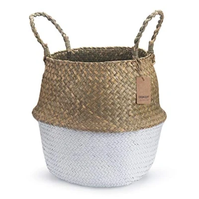 Afbeelding van Zeegras Buikmand Opvouwbare Natuurlijke Geweven Plantenpot Met Handgrepen Voor Opslag Wasdeken Speelgoed (36 X 32 cm, Natuurlijk + Wit)