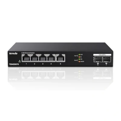 Afbeelding van Tenda 2,5 Gb switch met 5 x G poorten en 2 10G SFP+ poorten, onbeheerde Gigabit Ethernet LAN schakelaar (Plug and Play, metalen behuizing, zwart) (TEM2007X)