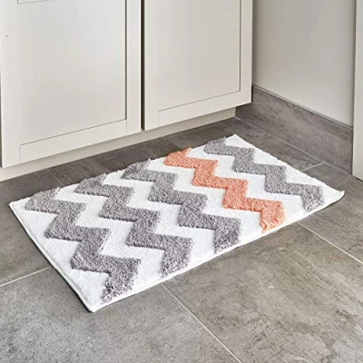 Afbeelding van iDesign 19054EU microvezel vloerkleed Chevron, 86 x 53 cm, grijs / koraal