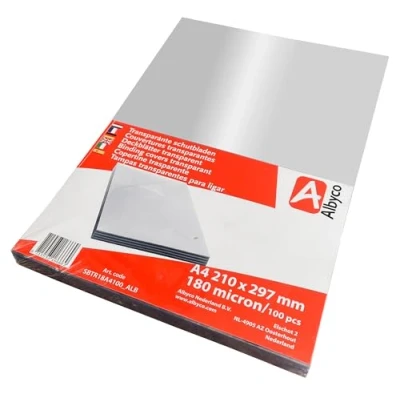 Afbeelding van Albyco Glanzende transparante omslag, dikte 0,18 mm/180 micron, A4 formaat, 210 x 297 mm, PVC platen, afdekplaten