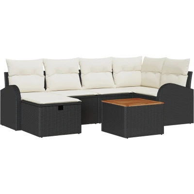 Afbeelding van vidaXL 7 delige Tuin Sofa Set met Kussens Zwart Poly Rattan, 2 zits Opbergruimte &amp; Rattan