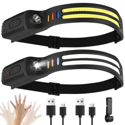Afbeelding van Set van 2 oplaadbare led hoofdlampen, 2000 lumen, superhelder wit licht, intelligente sensor, 9 verlichtingsmodi, 4 kleuren, IPX4, waterdicht, 0,09 kg, voor de