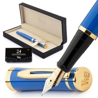 Afbeelding van Wordsworth &amp; Black Vulpenset, fijne veer van 18 karaat goud, met 24 inktpatronen, zuigerconverter en geschenkdoos, kleur kalligrafie, Empire Blue