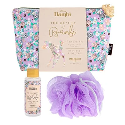 Afbeelding van MAD BEAUTY Disney BAMBI Cadeauset met make uptas, douchegel en spons, bloementas hertenmotief wilde bloem