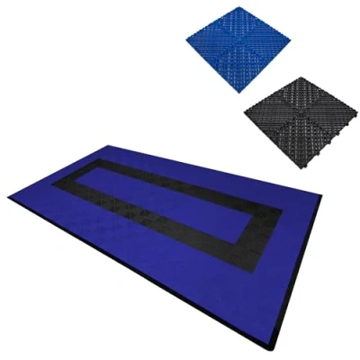 Afbeelding van Modulaire geventileerde kliktegels 90 blauw en 30 zwart 3,2m x 6m, polypropyleen, antislip, weerbestendig, 5 ton per tegel, inclusief randen, ideaal voor garage werkplaatsen.