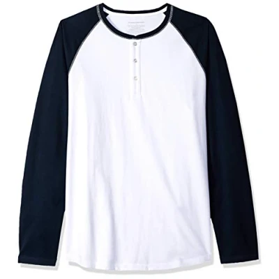Image de Amazon Essentials Chemise Henley à manches longues, coupe classique (grandes tailles disponibles) Homme, Bleu Marine Blanc, S