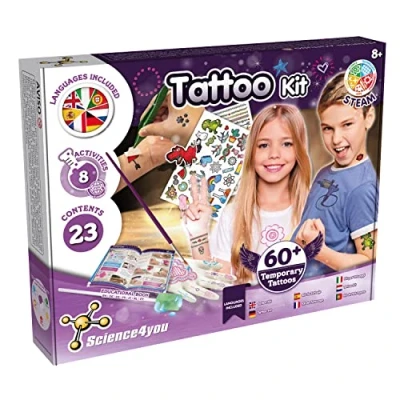 Afbeelding van Science4you Tattooset, + 8 handmatige activiteiten, spelletjes met 60+ tijdelijke tatoeages voor kinderen, creatieve vrije tijd, cadeau meisjes en jongens vanaf jaar