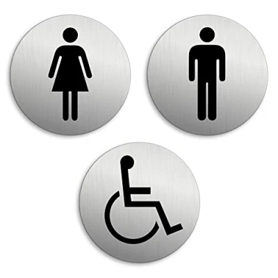 Afbeelding van Deurplaten toilet mannen vrouwen met een handicap set van 3 Ø 75 mm naamplaatje geborsteld aluminium