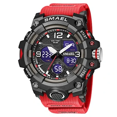 Afbeelding van AIMES Herenhorloge, waterdicht, outdoor, sport, militair, digitaal, analoog, datum, multifunctioneel, led, grote wijzerplaat, alarm en stopwatch, voor heren, C rood, Riem