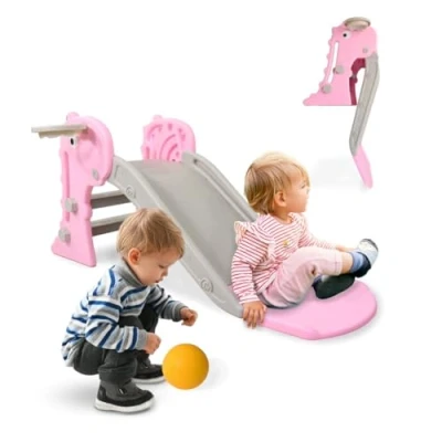 Afbeelding van Mobiclinic® Kids Dino glijbaan voor kinderen, opvouwbaar, met mand en bal, afgeronde randen, antislip, Europees merk, max. 35 kg, stabiel, veilig, eenvoudige montage, binnen buiten