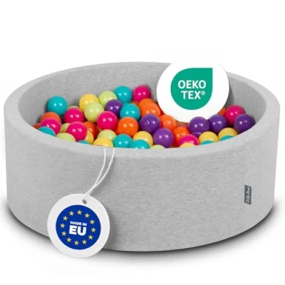 Afbeelding van KiddyMoon 90 x 30 cm/300 ballen diameter 7 cm ballenbad voor baby&#039;s, rond, gemaakt in de EU, grijs Cl.: groen Cl / geel turquoise oranje donkerrood /paars