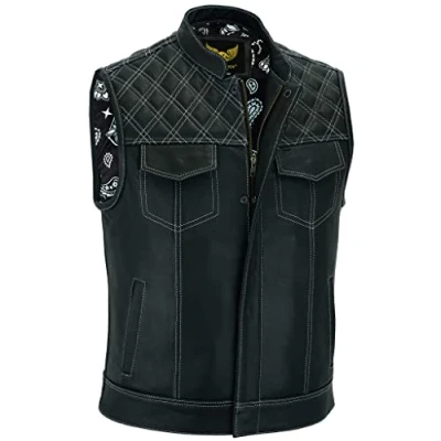 Afbeelding van Leatherick Soa Paisley Leren bikervest voor heren, Borduurwerk met witte ruiten