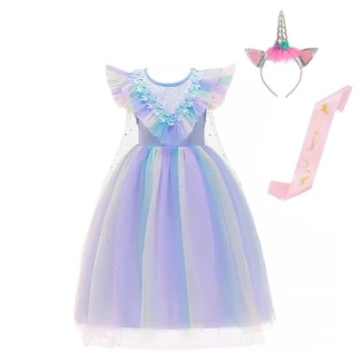 Afbeelding van Lito Angels Costume de princesse licorne avec cape, bandeau et écharpe pour petite fille enfant 4 à 5 ans Bleu (étiquette 120)