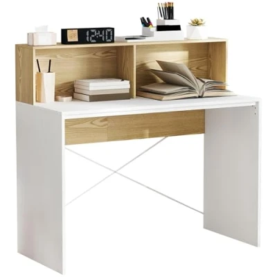 Afbeelding van HOMCOM Bureau met opbergruimte, computertafel, 110 x 50 cm, 2 open vakken en opbergrek, computerbureau voor thuiskantoor, slaapkamer, kleine ruimtes, wit naturel