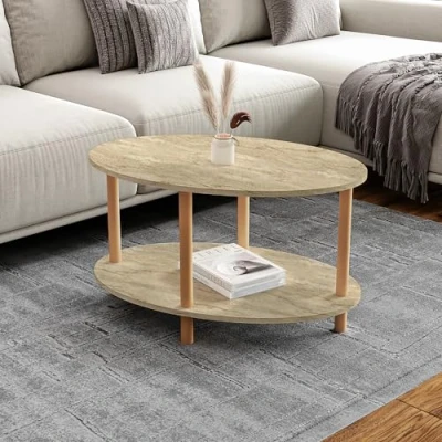 Afbeelding van [en.casa] Table Basse Ovale avec Surface de Rangement Meuble Salon Design Panneau Particules Bois Hêtre 43 x 70 44 cm Travertin Naturel