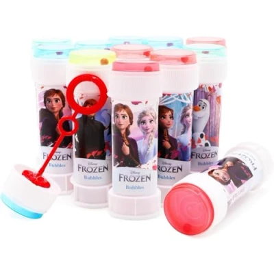 Afbeelding van Toyland® 12 stuks Frozen zeepbellenbakjes met eetstokjes, 60 ml oplossing en labyrint deksel, zak feestspeelgoed