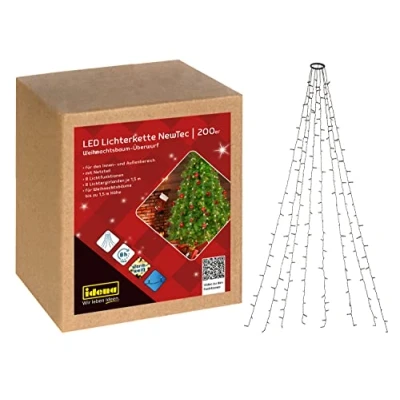 Afbeelding van Idena NewTec Led lichtsnoer, voor buiten en binnen met 200 leds in warm wit, kerstboomafdekking 8 strengen, verlichtingsinstellingen, voeding timer uur