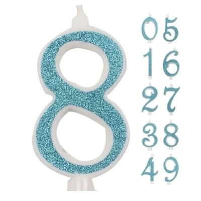 Afbeelding van IDEGOS Grote kaars, 10 cm, verjaardagskaarsen nummer 8, 3D blauw, glitter, decoratie voor verjaardagstaart, kaarsen huwelijkstaart (blauw, 8)