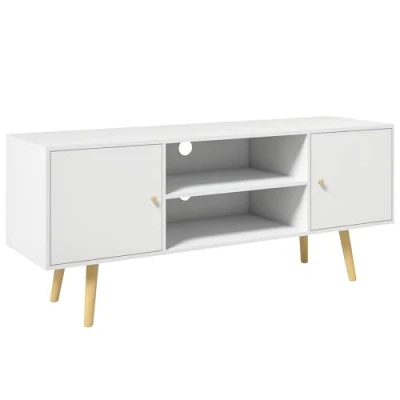 Afbeelding van HOMCOM TV bank, Scandinavische stijl, 2 deuren, nissen, poten van grenenhout, panelen, wit, 120 x 34 50 cm