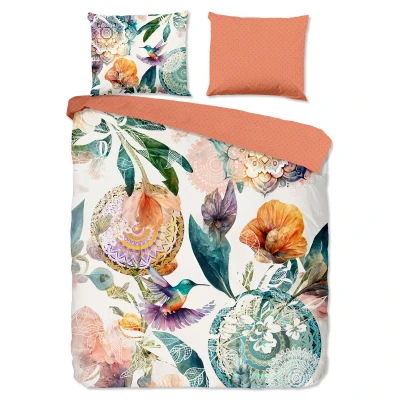 Afbeelding van Luxe Satijnen Dekbedovertrek 140x200 cm Mandala&#039;s en Bloemen Print met Kolibrie Multi 1 Persoons 100% Katoen Satijn