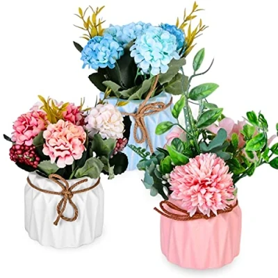 Afbeelding van Set van 3 Kunstbloemen in pot Hortensia Met keramische vaas Voor bruiloftstafeldecoratie, huwelijksaanzoek