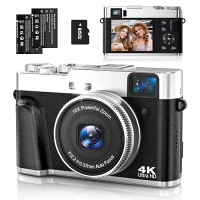 Afbeelding van NEZINI Digitale camera, 4K 48 MP UHD autofocus met 32 GB kaart, 16 voudige camera draaibaar dashboard en zoeker, compacte