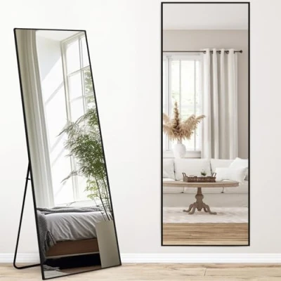 Afbeelding van Melodieux Spiegel in volledige lengte, 147 x 44 cm, grote vrijstaande spiegel, zwart aluminium frame, voor kleedkamer, hangend aan de muur, woonkamer, slaapkamer