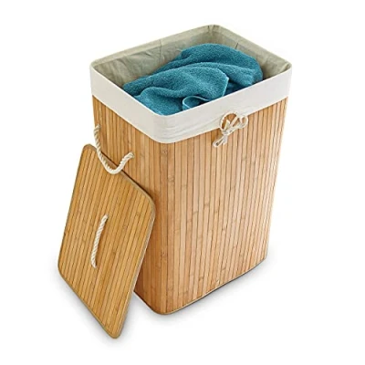 Afbeelding van Relaxdays wasmand bamboe wasbox opvouwbaar wasgoedmand met deksel badkamer waszak Naturel