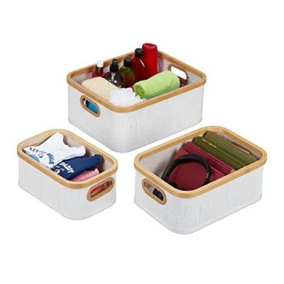Afbeelding van Relaxdays opbergmand set van 3 met handgreep kastmanden groottes bamboe wit