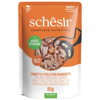 Afbeelding van Schesir Cat Maaltijdzakjes Adult In Gelei 85 g Kattenvoer Tonijn&amp;Kip&amp;Garnaal