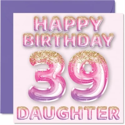 Afbeelding van Verjaardagskaart voor meisjes, 39e verjaardag, roze en paarse glitterballonnen, verjaardagskaarten 39 jarige dochter van mama papa, 145 mm x