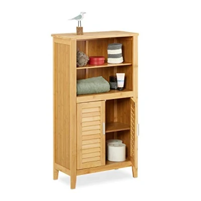 Afbeelding van Relaxdays badkamerkast LAMELL bamboe kastje kast badkamer hout lamellen