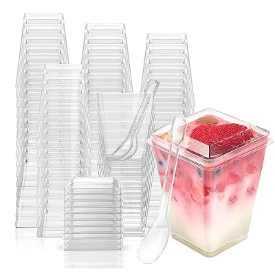 Afbeelding van PALUDO 50 stuks mini dessertkopjes met deksel en lepels, 150 ml, herbruikbaar, dessertkommen van kunststof, dessertbekers voor aperitief, schuim, pudding, bruiloften, feesten