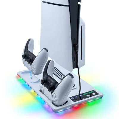 Afbeelding van Wigearss Verticale PS5/PS5 Slim houder met koelventilatoren, multifunctioneel RGB licht, oplader voor controller en type C &amp; USB poort, compatibel PS5 Digital/Disc