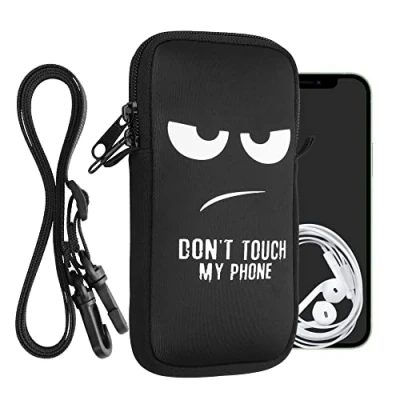 Afbeelding van kwmobile Tasje voor smartphones XXL 7&quot; Hoesje van neopreen in wit / zwart Phone case met nekkoord Don&#039;t Touch My design