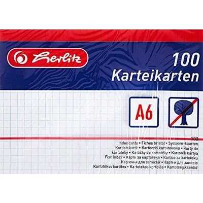 Image de Herlitz fiches bristol, format a6, quadrillées, blanc carton, sans bois, quadrillé 5 mm, couleur de ligne bleu contenu 100 p