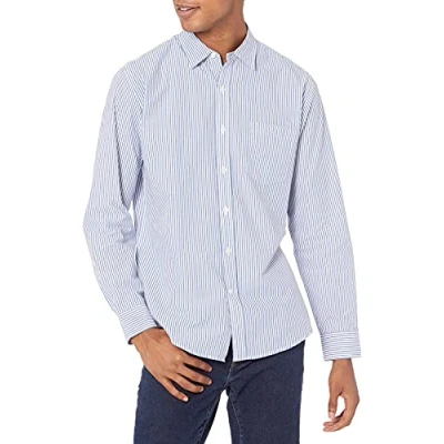 Image de Amazon Essentials Chemise en Popeline à Manches Longues, Style Décontracté, Coupe Standard Men&#039;s, Bleu Blanc Rayures Verticales, M