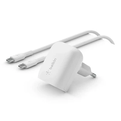 Afbeelding van Belkin BoostCharge Dual Port USB oplader (42W, C, A, snellader iPhone 15, 15 Plus, Pro, Pro Max, 14, 13, Samsung Galaxy S24, S23, Ultra, iPad, AirPods enz., wit)