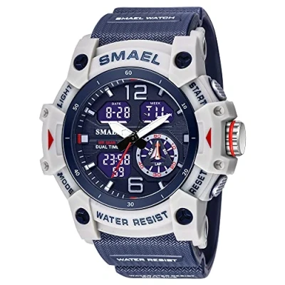 Afbeelding van AIMES Sporthorloge voor heren, waterdicht, analoog, digitaal, militair, datumweergave, multifunctioneel, led, alarm en stopwatch, blauw/wit, L, digitaal