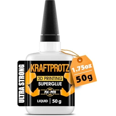 Afbeelding van KRAFTPROTZ Extra sterke secondelijm voor 3D printen, 50 g, met anti uitdrogingspunt, vloeibare superlijm, waterdicht, PLA lijm, ABS PETG lijm en TPU