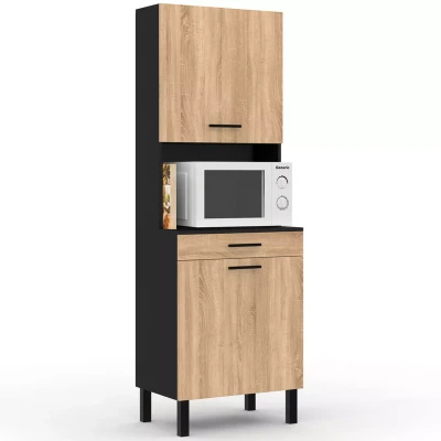 Image de Buffet de cuisine 60 CM CINA 2 portes + tiroir noir et façon hêtre