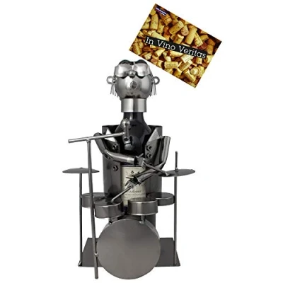 Afbeelding van BRUBAKER Wijnfleshouder drummer decoratief object metaal flessenstandaard met wenskaart Wijnrek