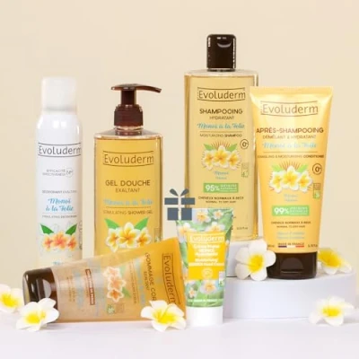 Afbeelding van EVOLUDERM Vochtinbrengende routine 5 producten voor lichaam en haar + crème 50 ml gratis Ontwart &amp; Subliem Monoï à la Folie Ingrediënten van natuurlijke oorsprong Veganistisch Gemaakt in