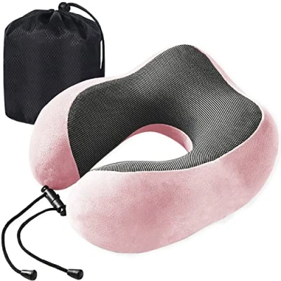 Afbeelding van Reiskussen, nekkussen van traagschuim, draagbaar, klein en licht, voor reizen, zacht comfortabel vliegtuigkussen, roze
